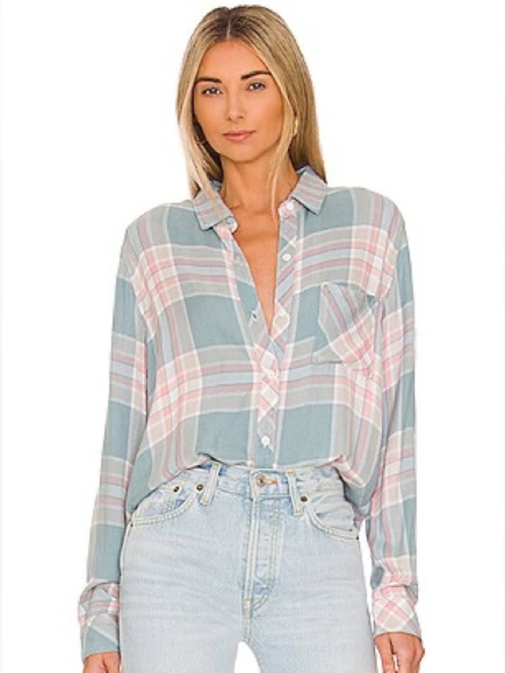 Relaxed Plaid Button-Up Shirt - Pastel Blue & Pink